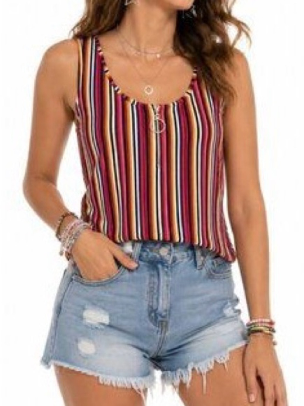 Colorful Striped tank top with zipper o ring detail